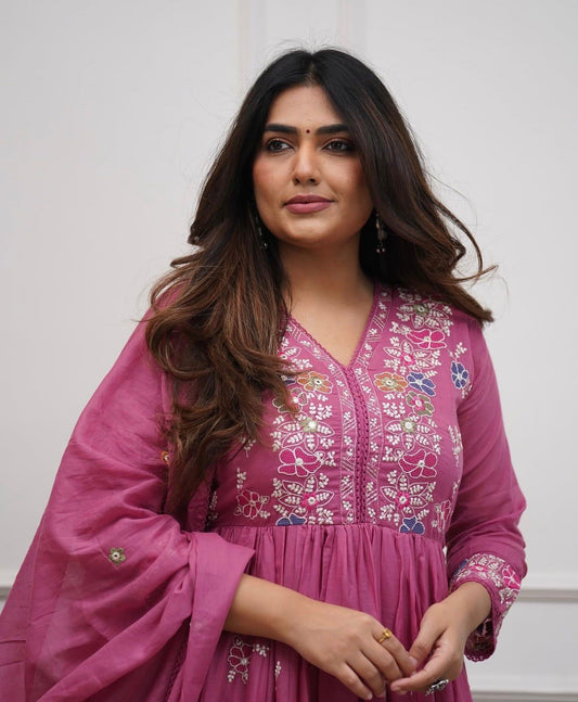 Cotton Flairy Kurti Pant Set with Embroidery & Mal Mal Dupatta