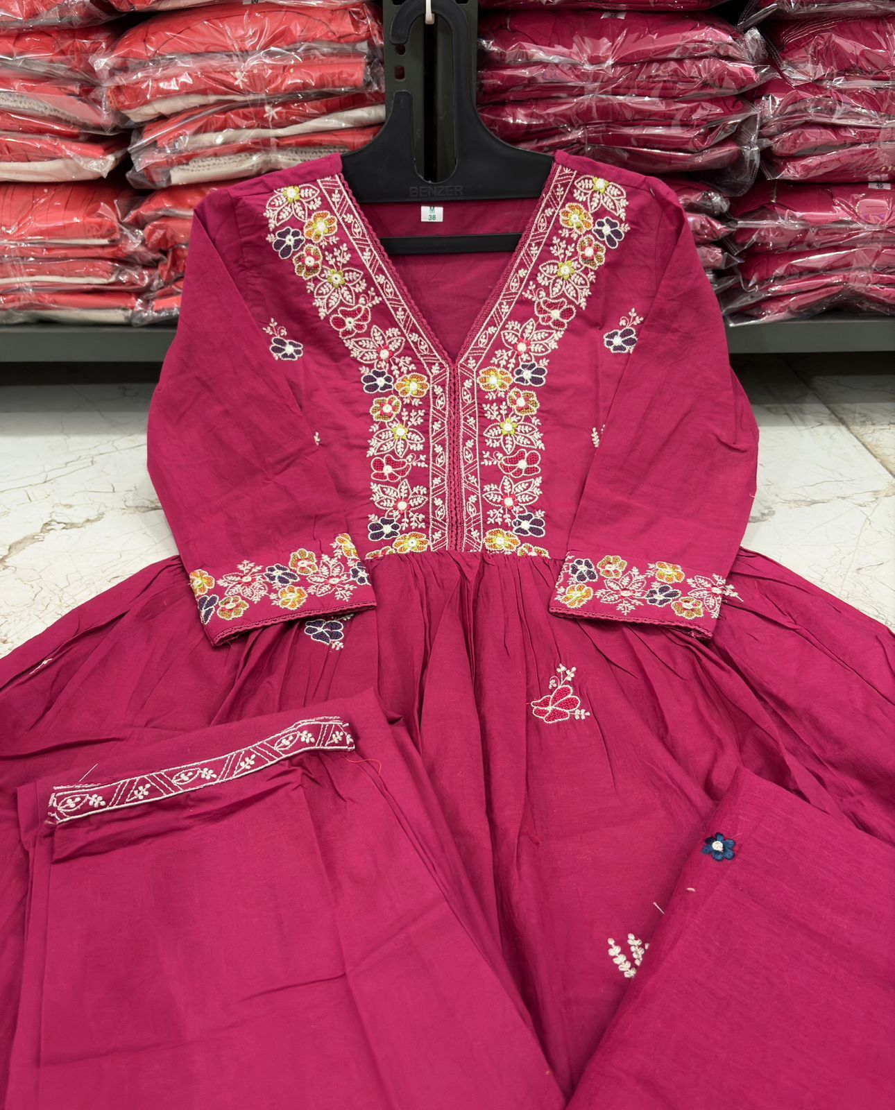 Cotton Flairy Kurti Pant Set with Embroidery & Mal Mal Dupatta