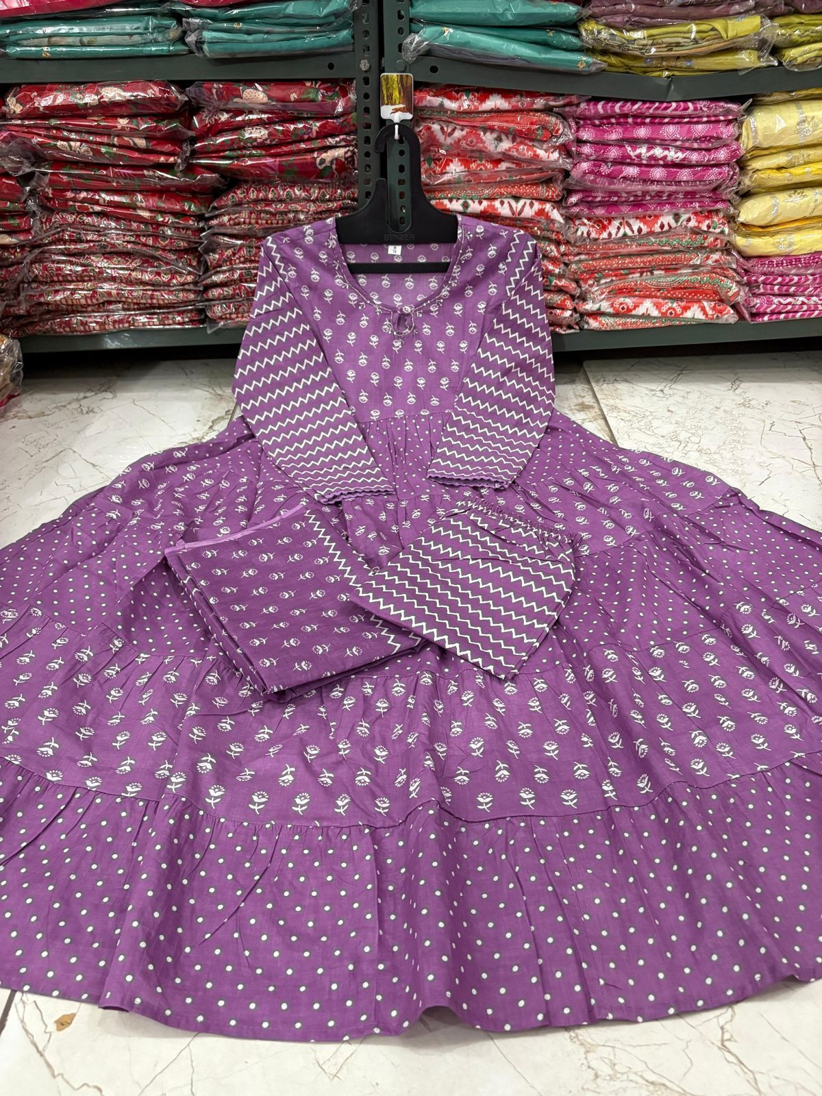 Cotton Flared Anarkali Kurta Set with Work Neckline & Dupatta