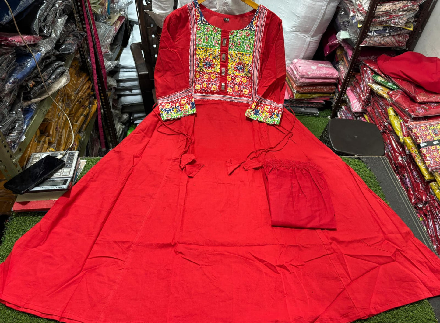 Cotton Flared Kurti Palazzo Set with Mirror Work & Tassels