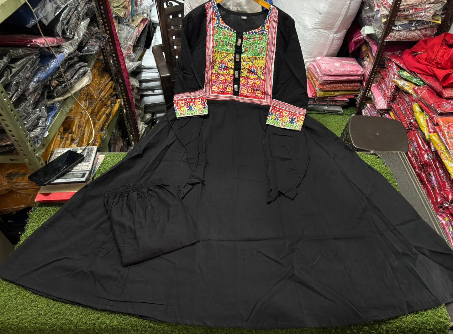 Cotton Flared Kurti Palazzo Set with Mirror Work & Tassels