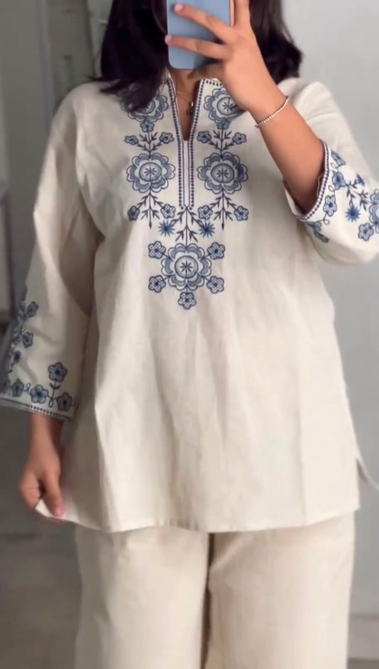 Cotton Flex Co-Ord Set with Embroidered Yoke & Sleeves