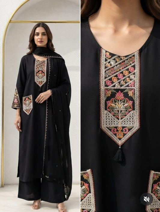 Cotton Flex Embroidered Straight Kurta Palazzo Set with Malmal Dupatta
