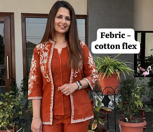 Cotton Flex Floral Embroidered Jacket Top with Inner & Trousers | 3-Piece Set