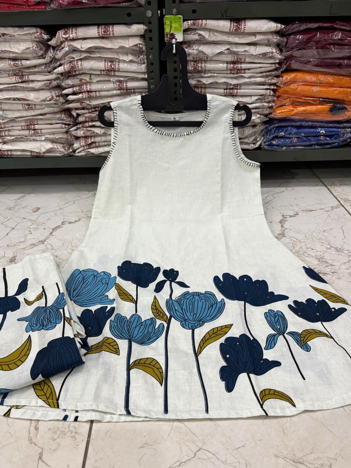 Cotton Flex Printed Kurta Set with Kantha Work & Trouser