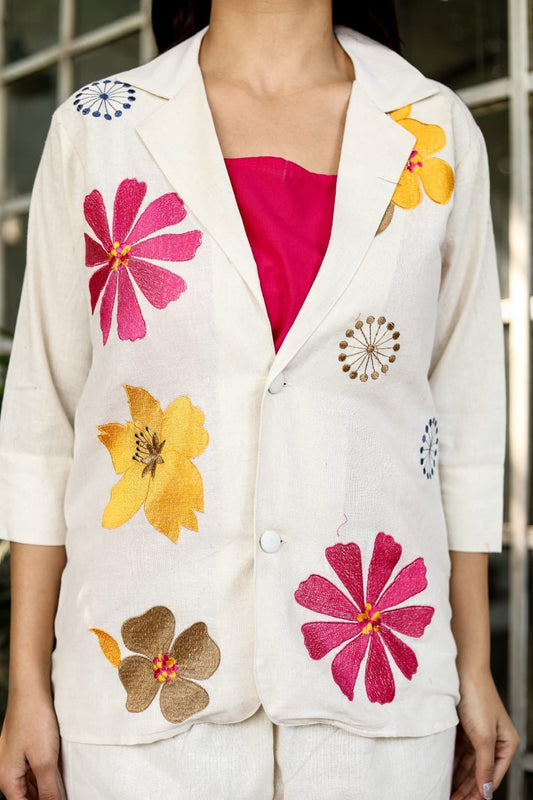 Cotton Flex Three-Piece Blazer Set with Embroidery