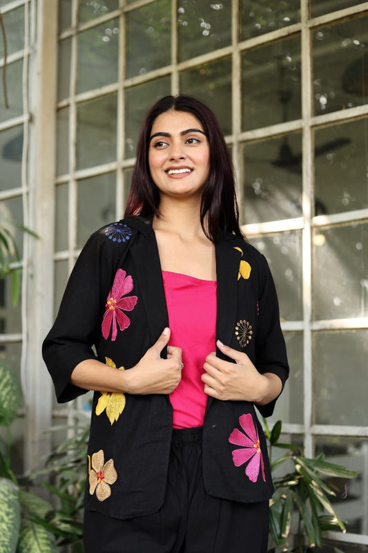 Cotton Flex Three-Piece Blazer Set with Embroidery
