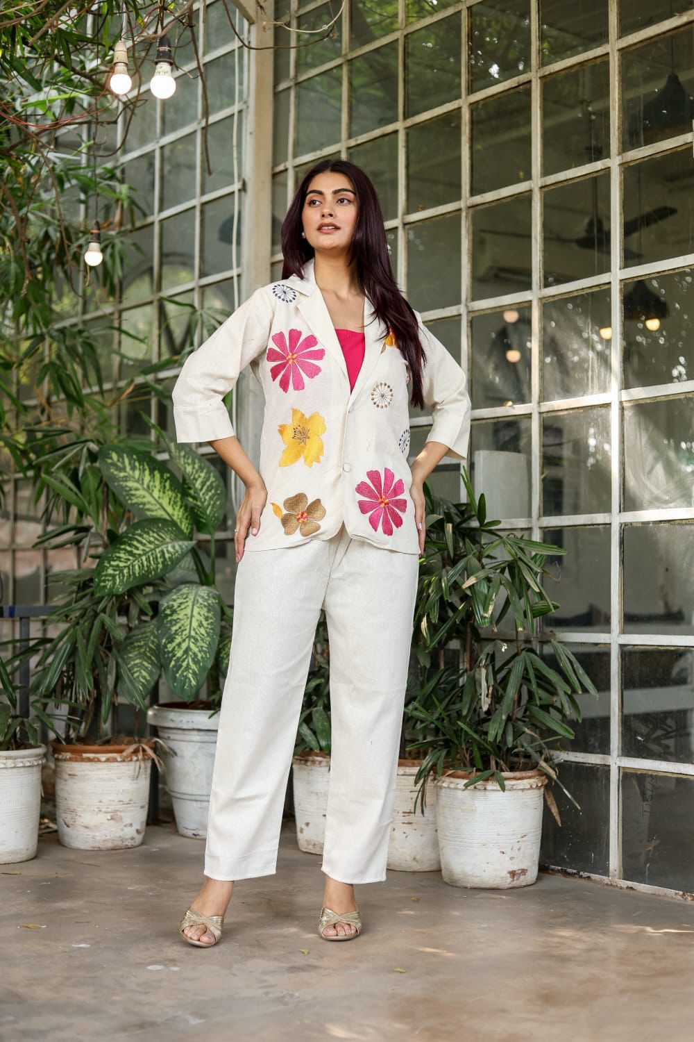 Cotton Flex Three-Piece Blazer Set with Embroidery