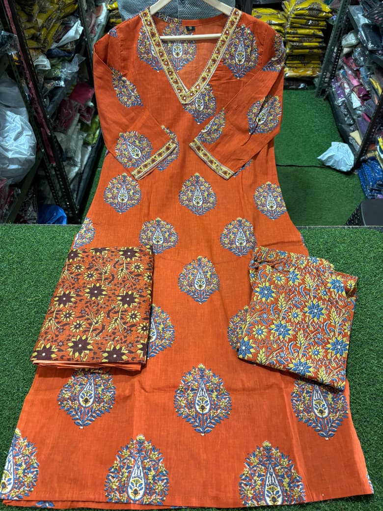 Cotton Kurti Pant Set with Cotton Dupatta for Women – Fully Stitched