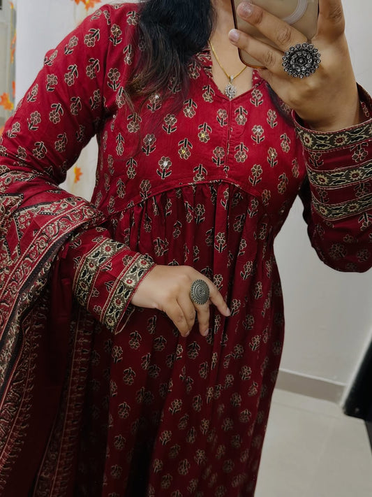 Cotton Kurti Pant Set with Dupatta for Women