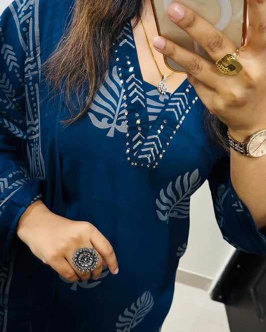 Cotton Kurti Pant Set with Dupatta - Sequence Neckline - Fully Stitched