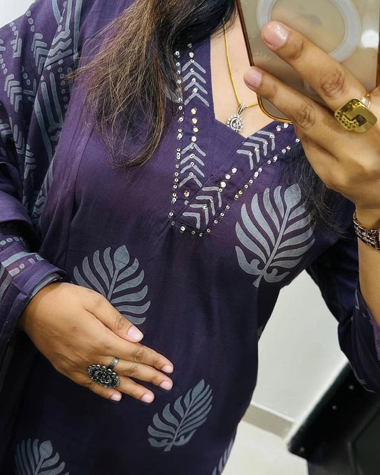 Cotton Kurti Pant Set with Dupatta - Sequence Neckline - Fully Stitched