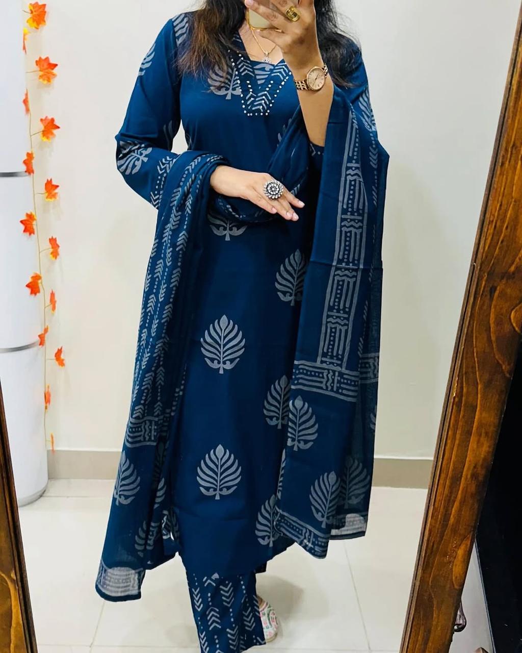 Cotton Kurti Pant Set with Dupatta - Sequence Neckline - Fully Stitched