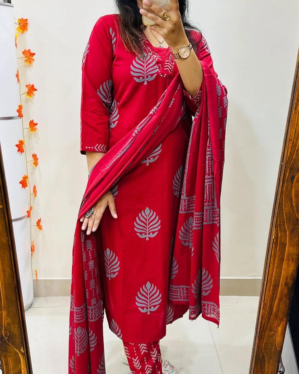 Cotton Kurti Pant Set with Dupatta - Sequence Neckline - Fully Stitched