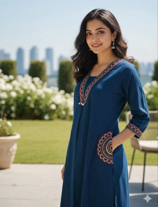 Cotton Kurti Pant Set with Embroidered Pockets