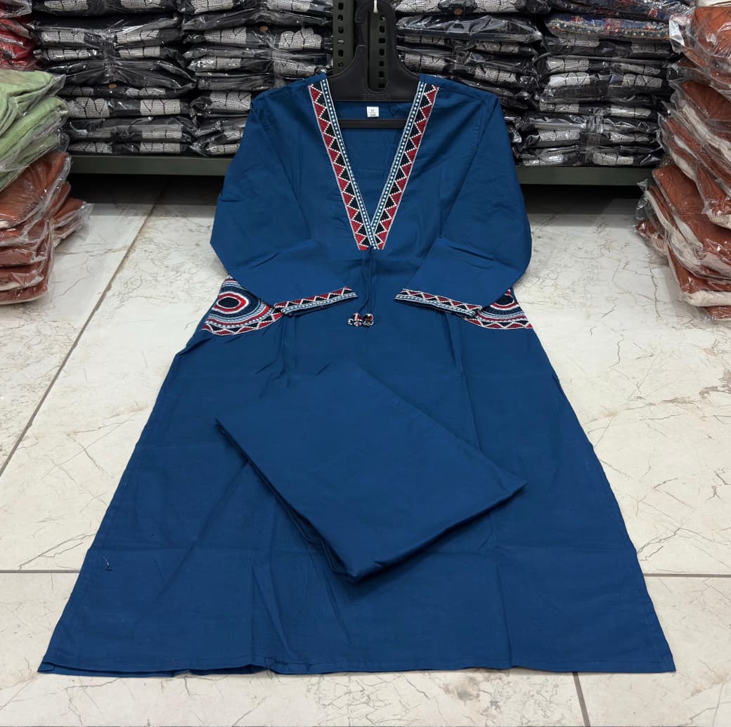 Cotton Kurti Pant Set with Embroidered Side Pockets