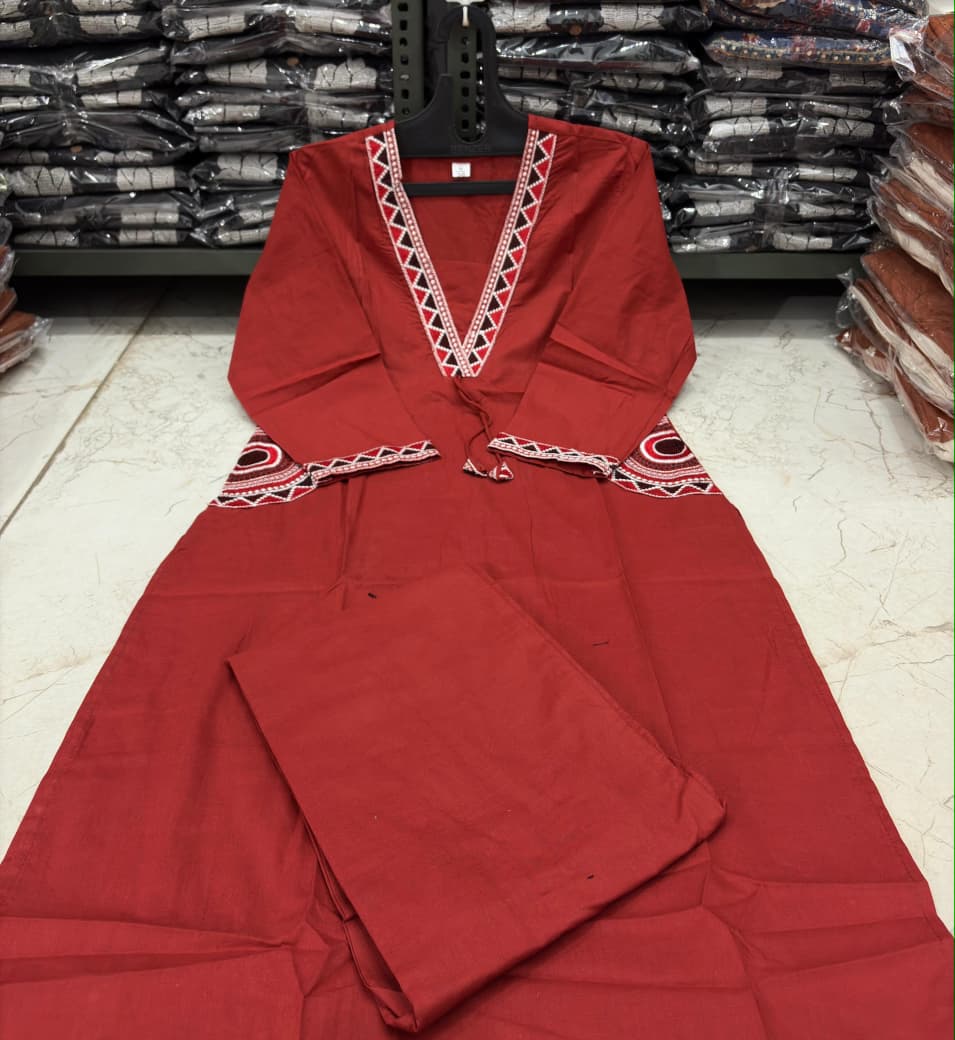 Cotton Kurti Pant Set with Embroidered Side Pockets