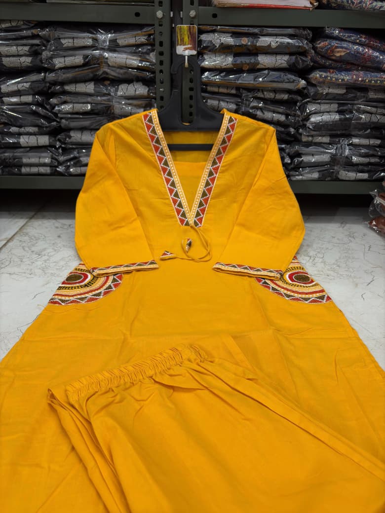 Cotton Kurti Pant Set with Embroidered Side Pockets