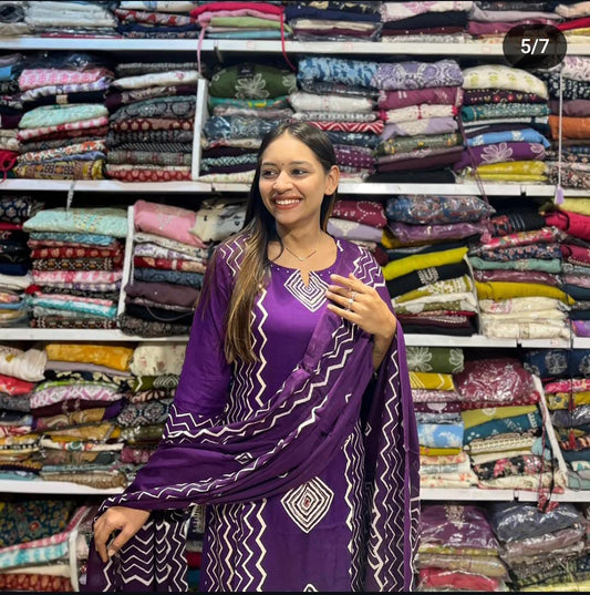 Cotton Kurti Pant Set with Neck Work & Dupatta