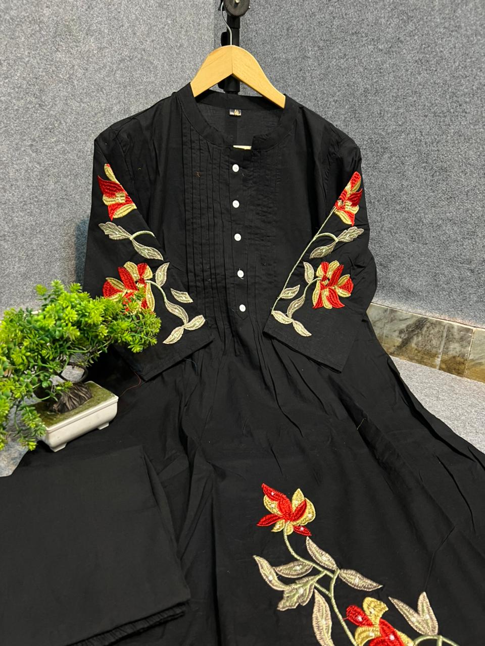 Cotton Kurti Pant Set with One Side Pocket & Embroidery Work