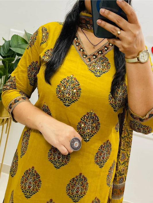 Cotton Kurti Pant Set with Sequence Work & Dupatta