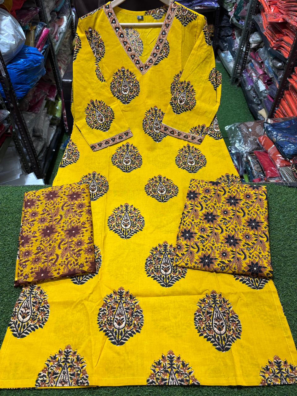 Cotton Kurti Pant Set with Sequence Work & Dupatta
