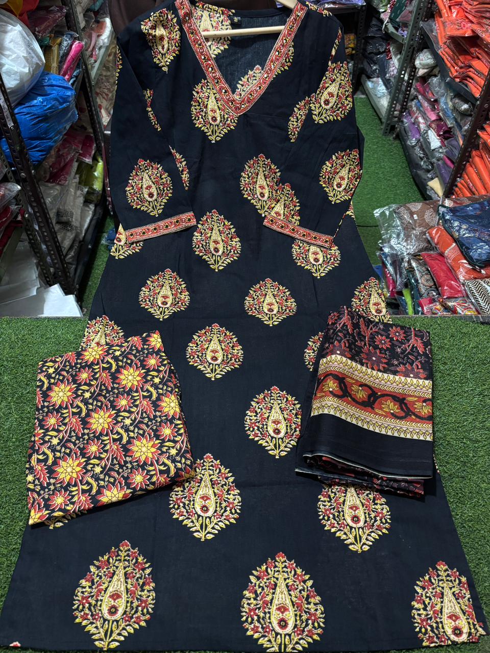 Cotton Kurti Pant Set with Sequin Work Dupatta for Women