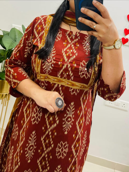 Cotton Kurti Pant Set with Sequins Work & Dupatta