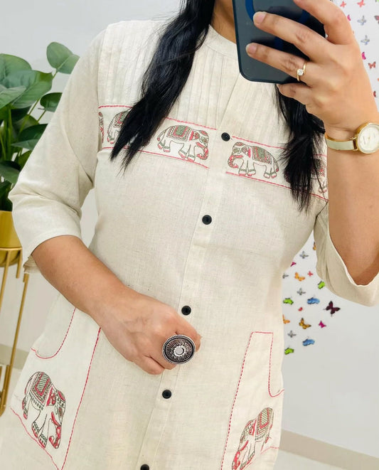 Cotton Kurti Pant Set with Tagai, Embroidery & Button Work