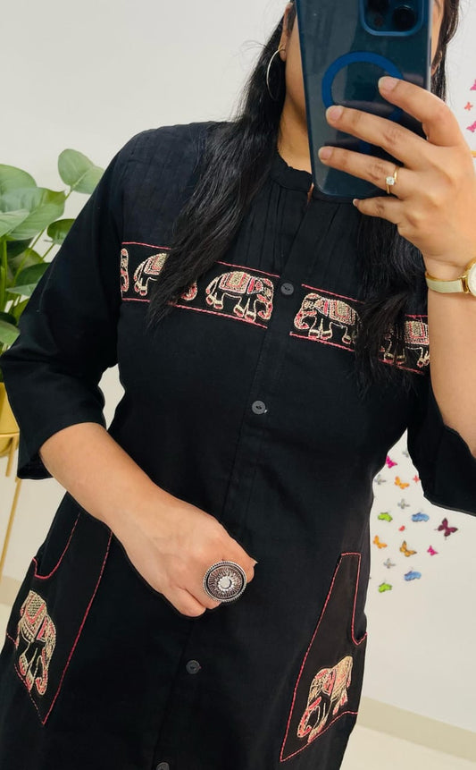 Cotton Kurti Pant Set with Tagai, Embroidery & Button Work