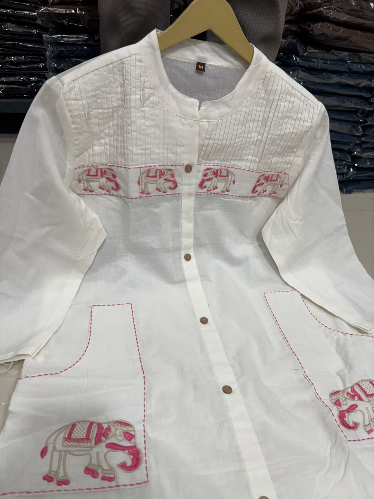 Cotton Kurti Pant Set with Tagai, Embroidery & Button Work