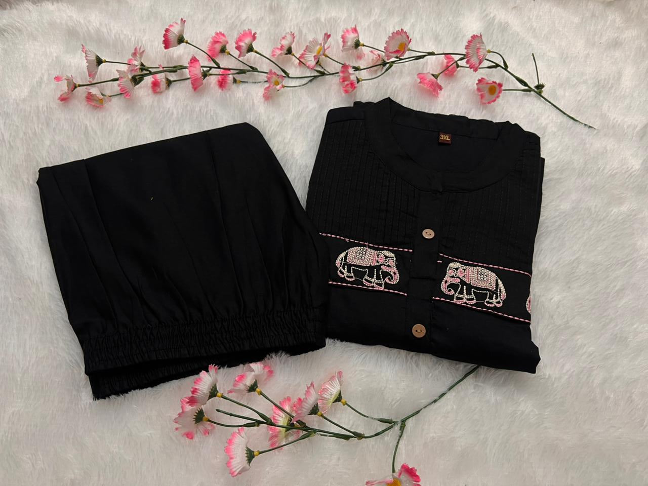 Cotton Kurti Pant Set with Tagai, Embroidery & Button Work