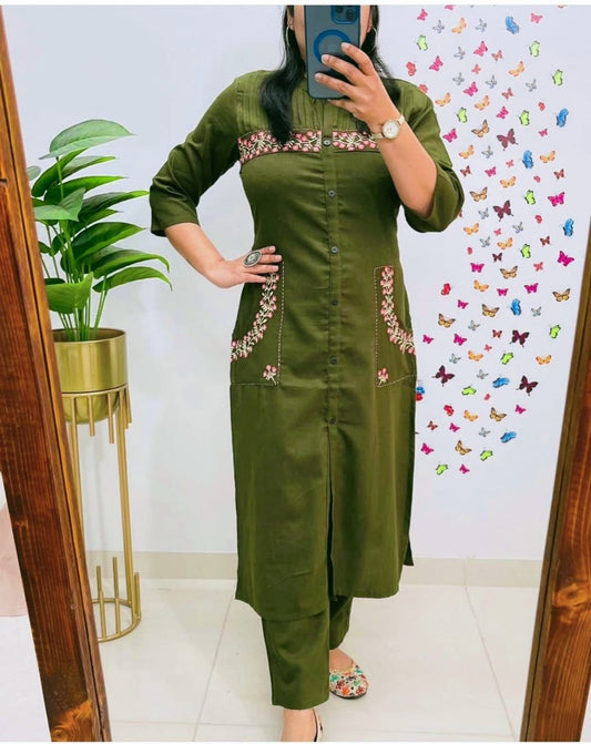 Cotton Kurti with Embroidery & Pant | Pocket Style Kurti Set