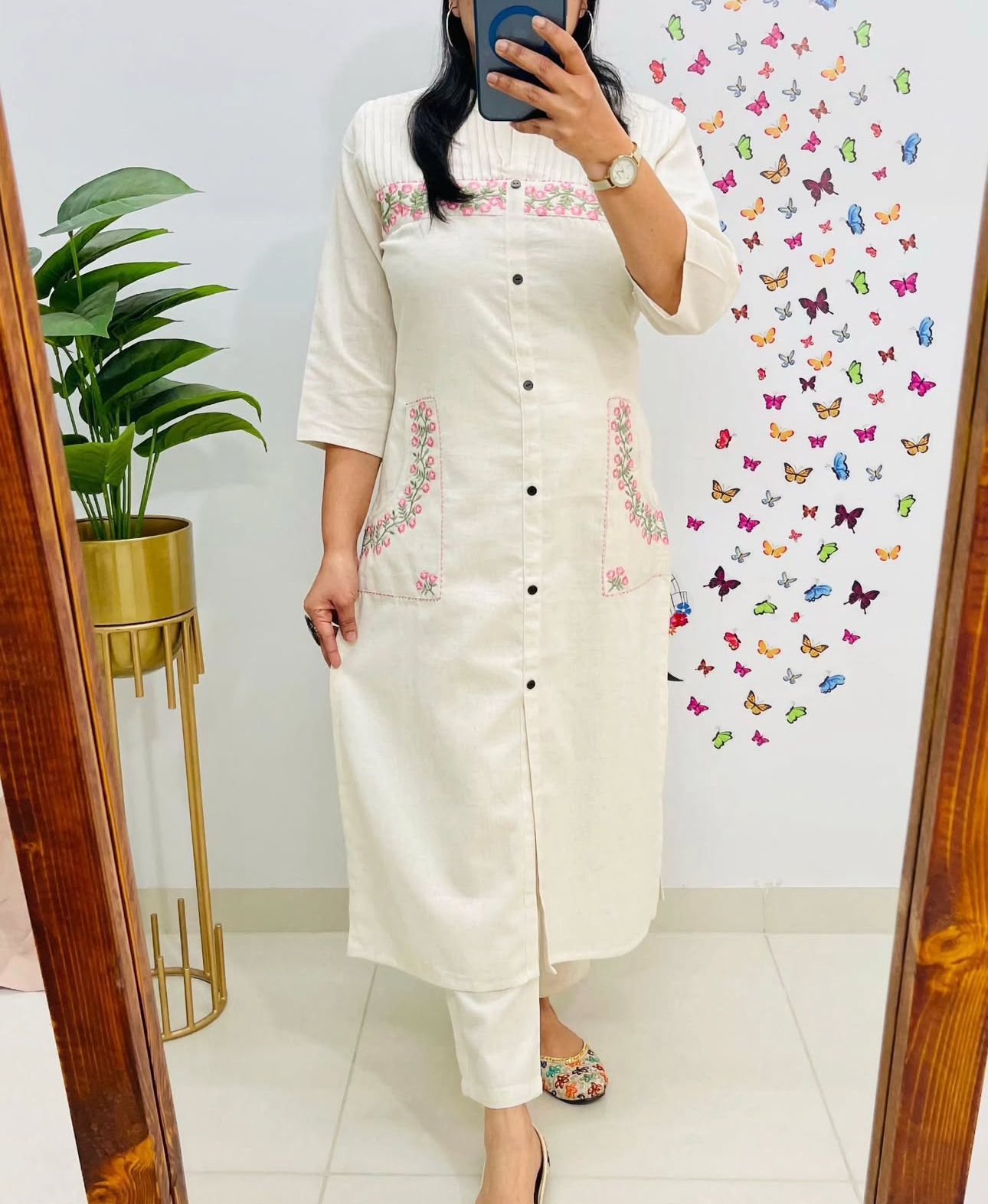 Cotton Kurti with Embroidery & Pant | Pocket Style Kurti Set