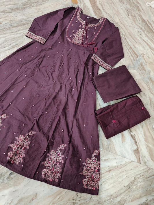 Cotton Kurti with Pant & Mal Mal Dupatta Set with Embroidery