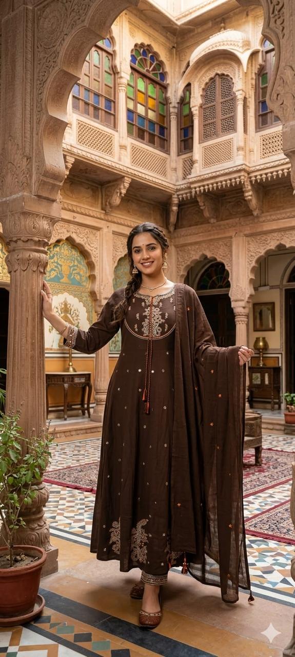 Cotton Kurti with Pant & Mal Mal Dupatta Set with Embroidery