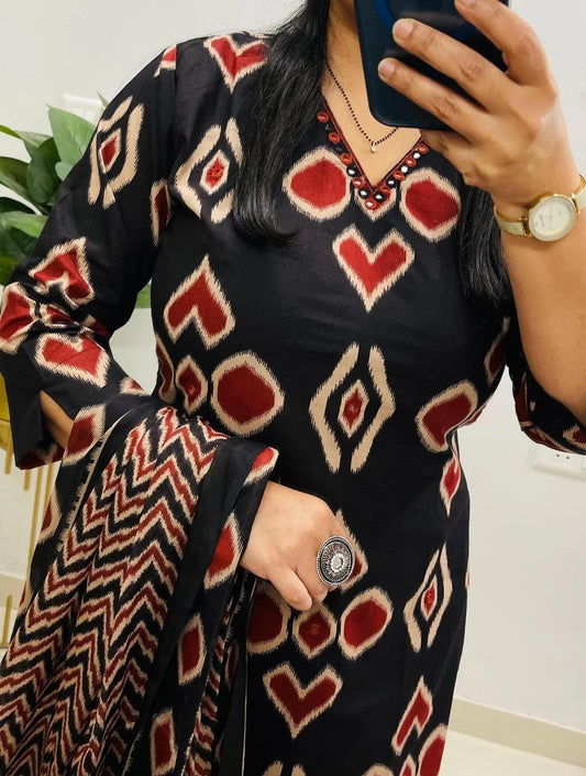 Cotton Mirror Work Kurti Pant Set with Dupatta – Fully Stitched