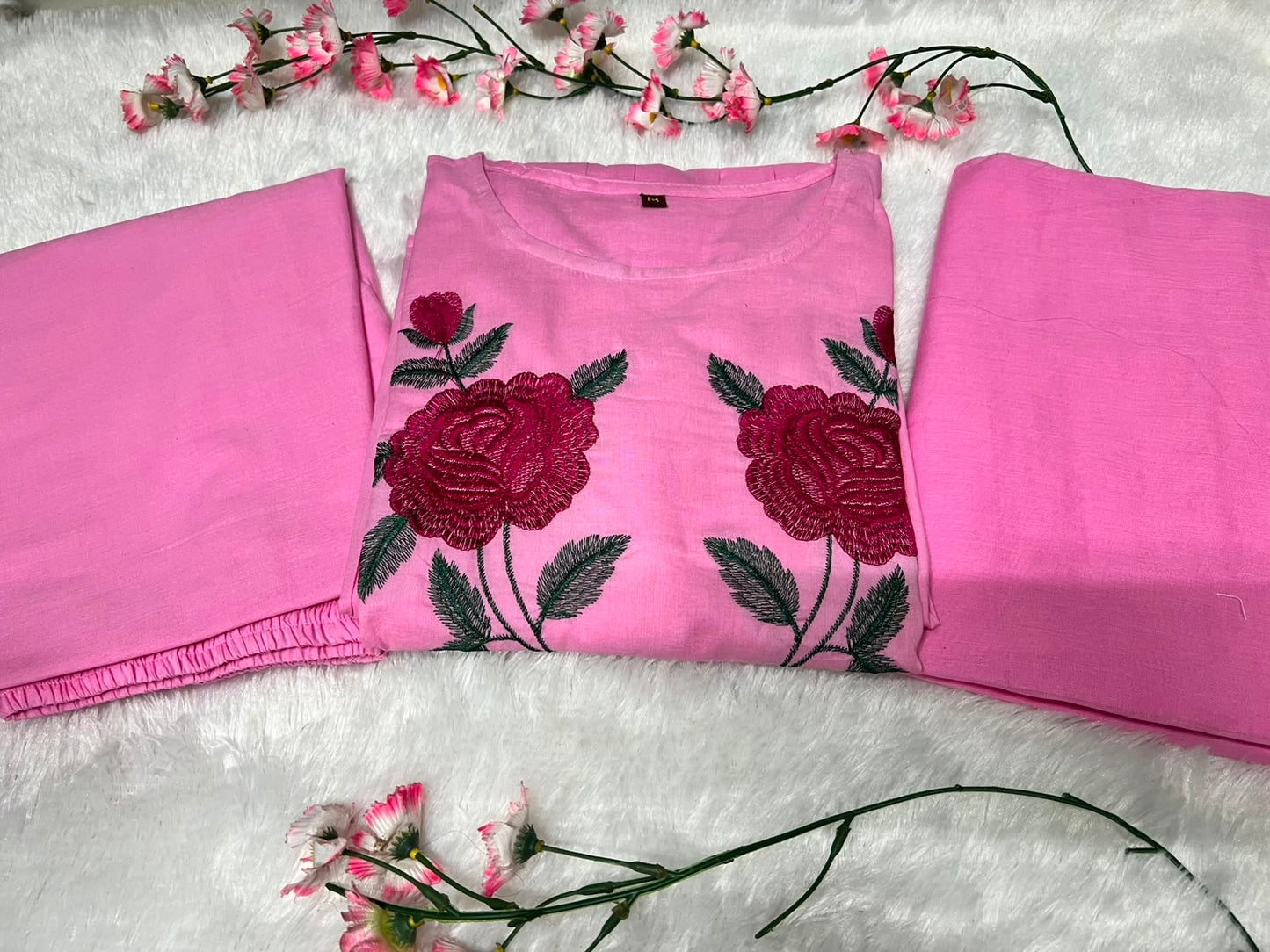 Cotton Natra Cut Kurta Pant Set with Malmal Dupatta & Embroidery