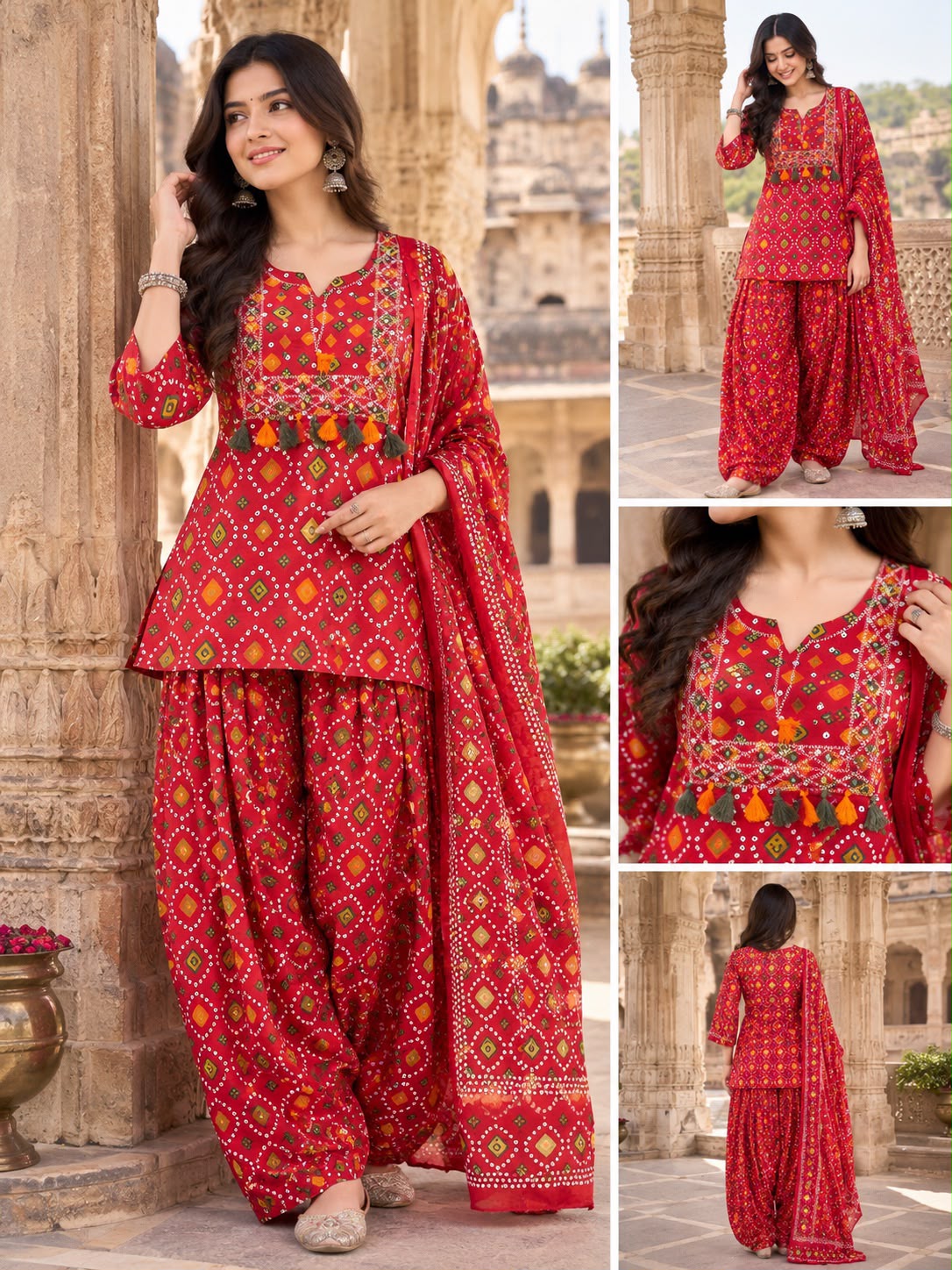 Cotton Patola Print Farshi Salwar Suit Set with Embroidered Neck & Dupatta
