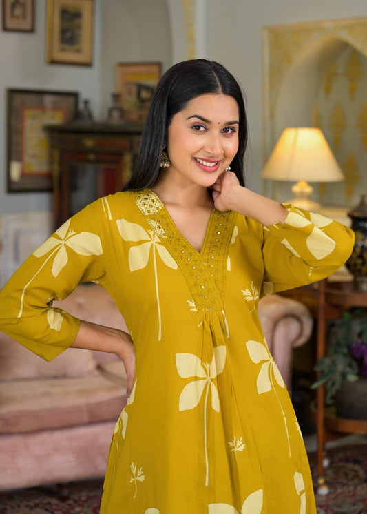Cotton Printed A-Line Kurti Set with Embroidered V-Neck & Pocket