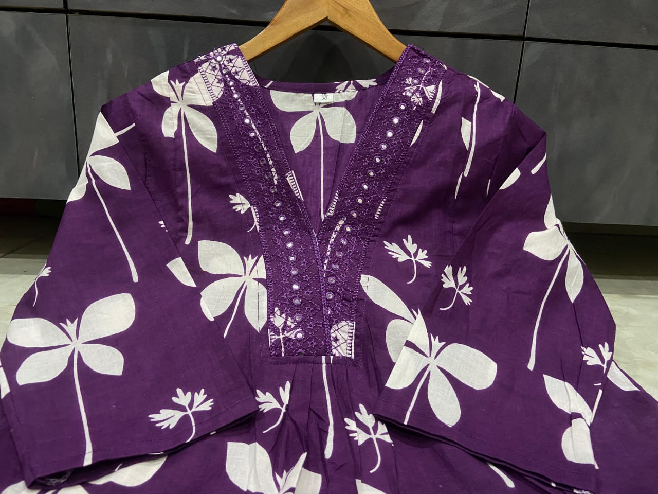 Cotton Printed A-Line Kurti Set with Embroidered V-Neck & Pocket