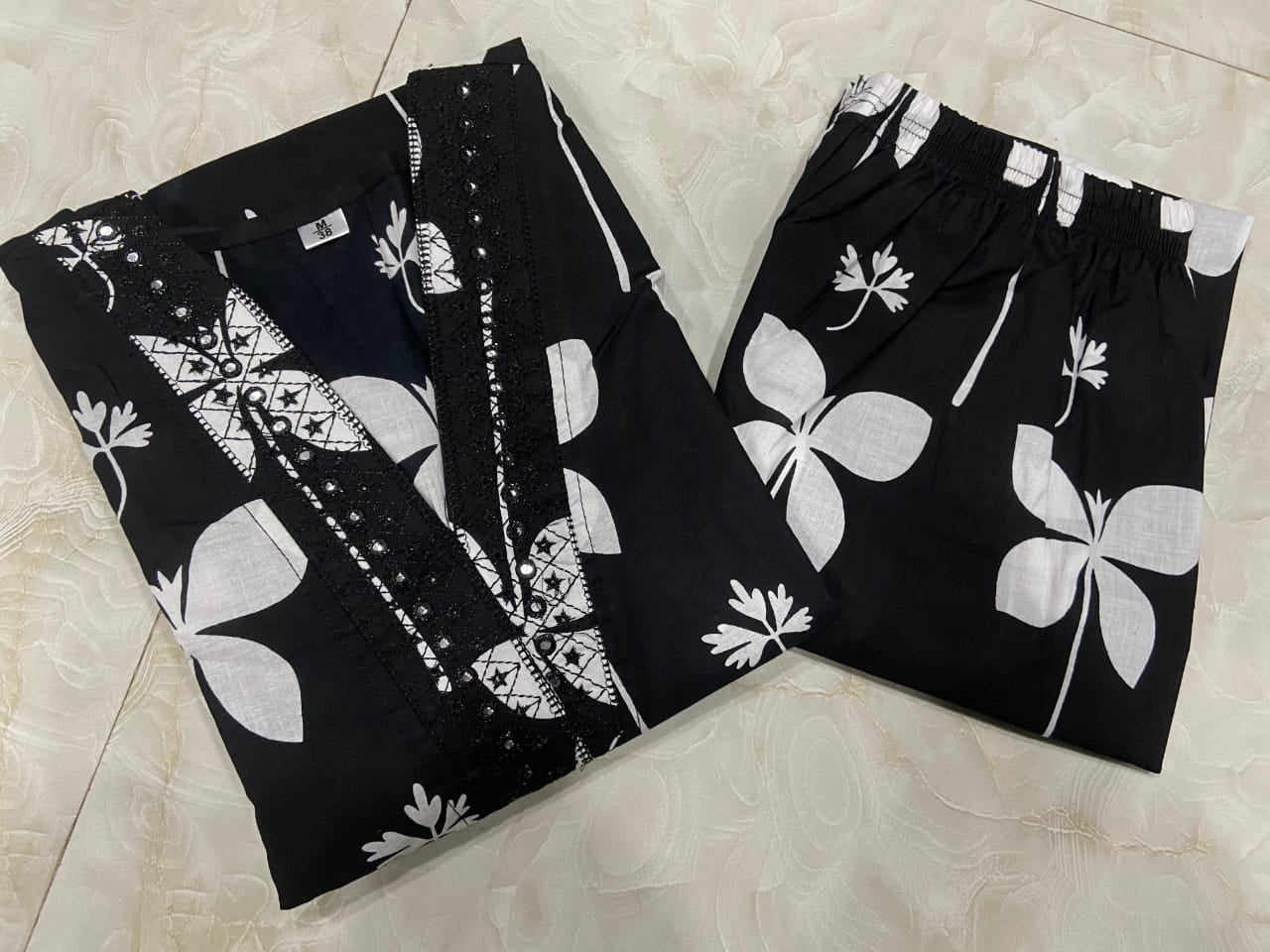 Cotton Printed A-Line Kurti Set with Embroidered V-Neck & Pocket