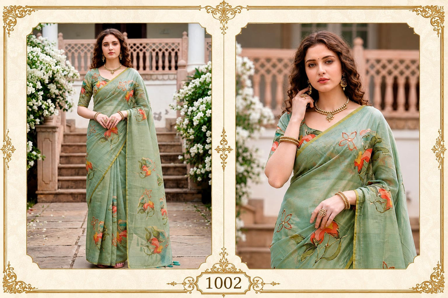 Cotton Printed Saree with Aari Work & Blouse Piece