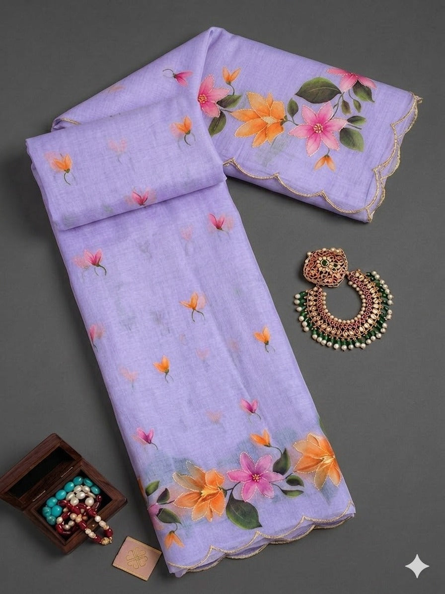 Cotton Printed Saree with Aari Work & Cotton Blouse