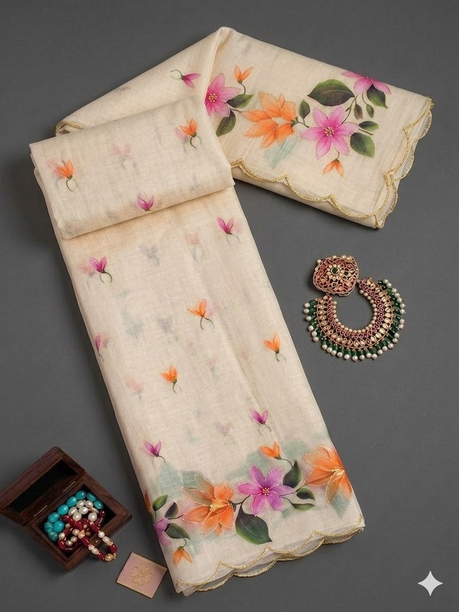 Cotton Printed Saree with Aari Work & Cotton Blouse