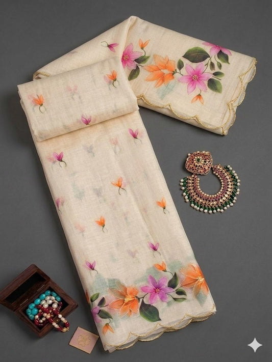 Cotton Printed Saree with Aari Work & Cotton Blouse