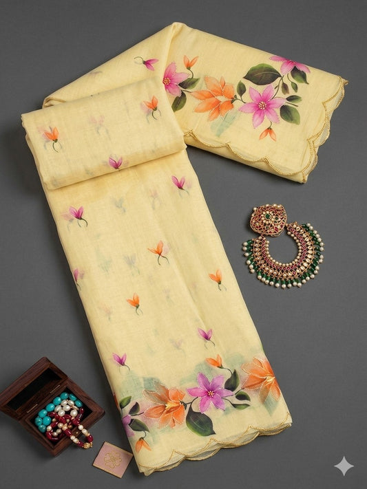 Cotton Printed Saree with Aari Work & Cotton Blouse