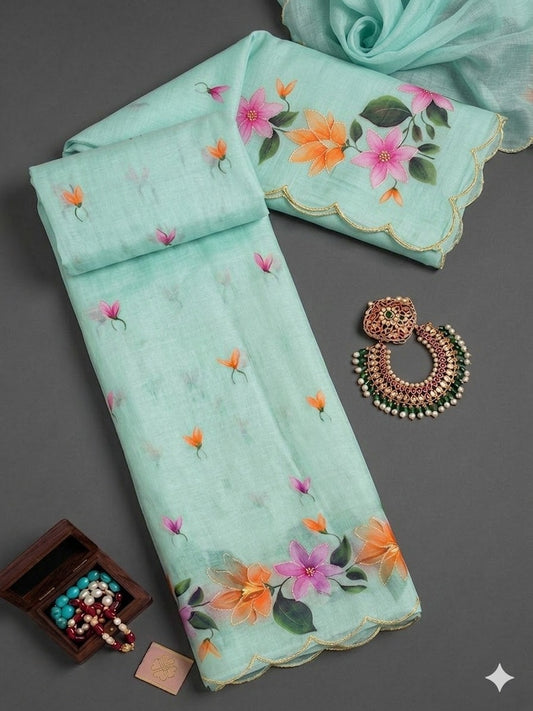 Cotton Printed Saree with Aari Work & Cotton Blouse