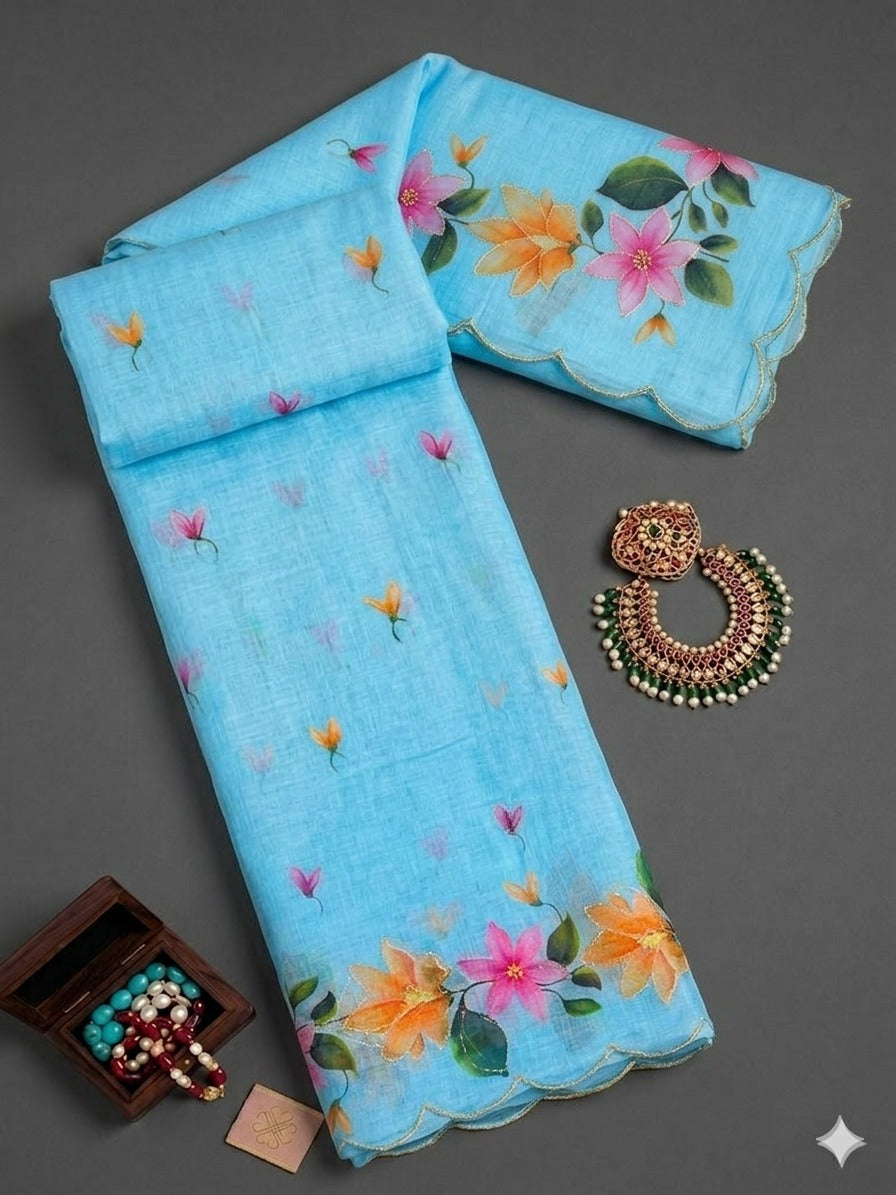 Cotton Printed Saree with Aari Work & Cotton Blouse