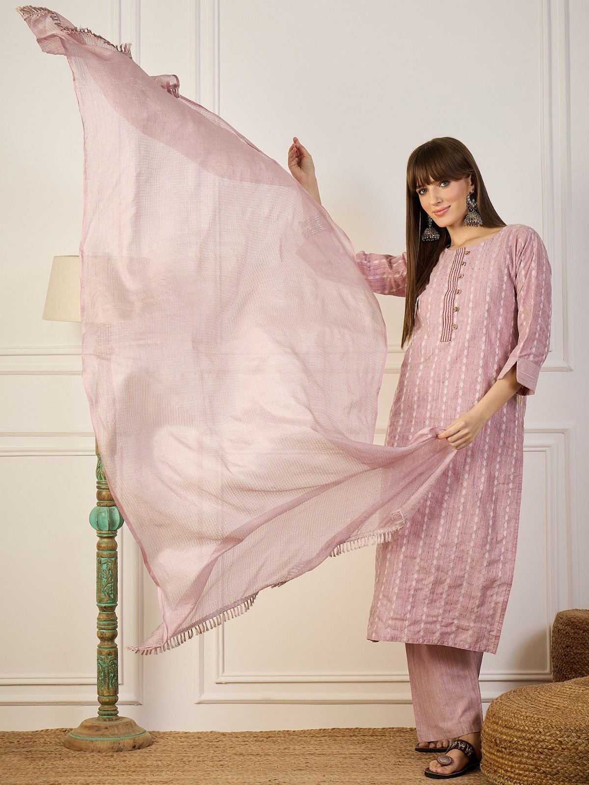 Cotton Printed Self Kurta Pant Set with Kota Doriya Dupatta